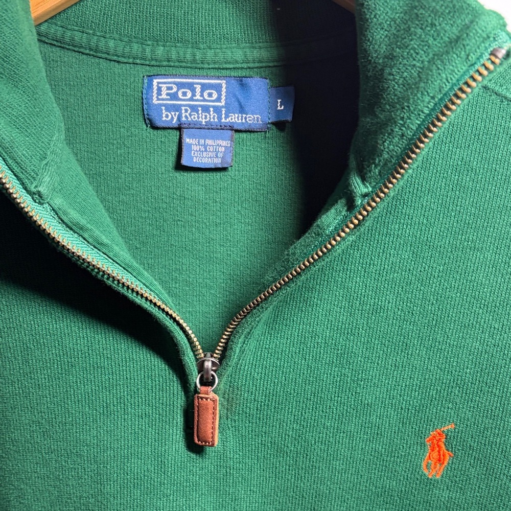 Polo Ralph Lauren Green 1/4 Zip Cotton Sweater Orange Pony Logo Mens Large - Picture 5 of 5